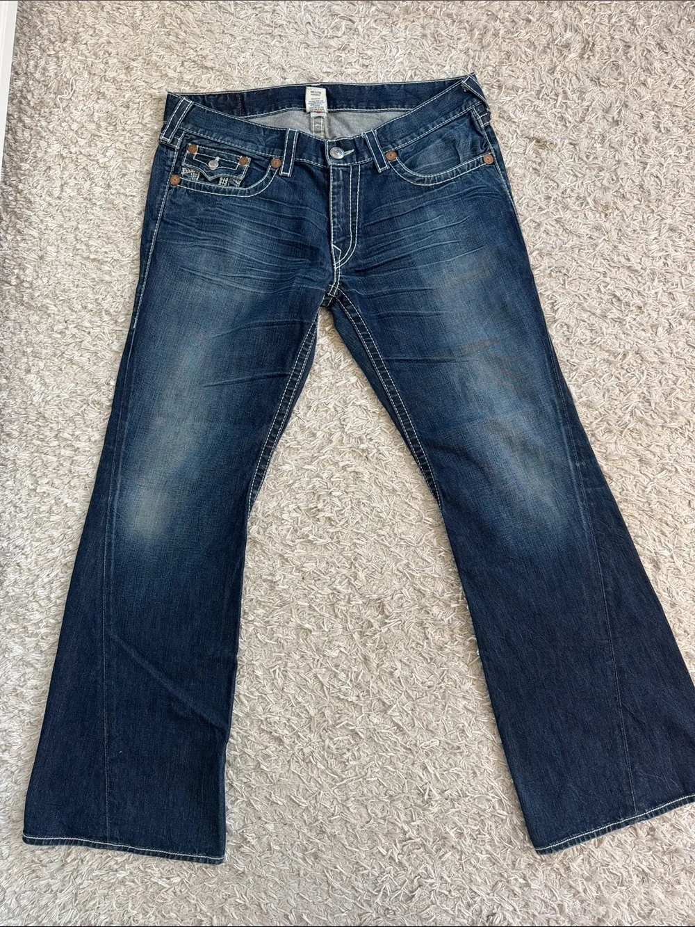 True Religion Dark Blue Flare Jeans with Contrast Stitching
